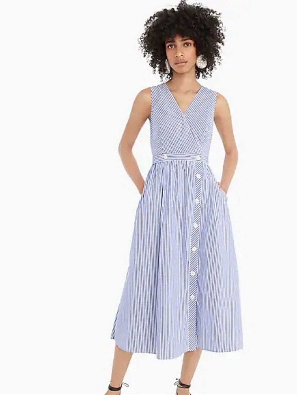 J Crew Dress Striped Poplin Wrap Dress Blue White Midi size 6 Button Front